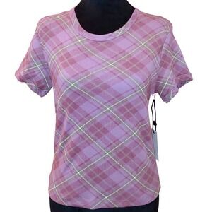 Cotton Blend Purple and Green Argyle‎ Plaid Baby Tee (M) - Women's T-Shirt Top